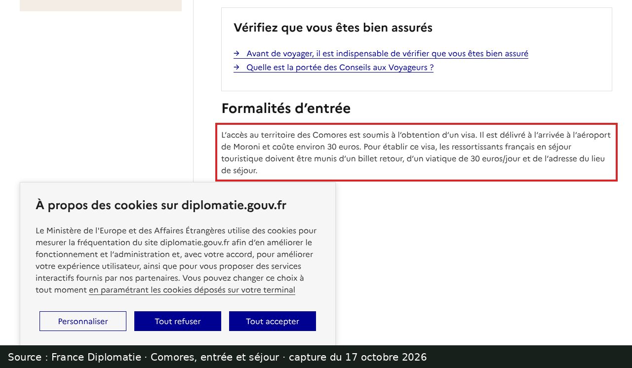 Capture d’écran de la page Comores, entrée et séjour, de France Diplomatie : passage encadré « Il est délivré à l’arrivée à l’aéroport de Moroni et coûte environ 30 euros. »