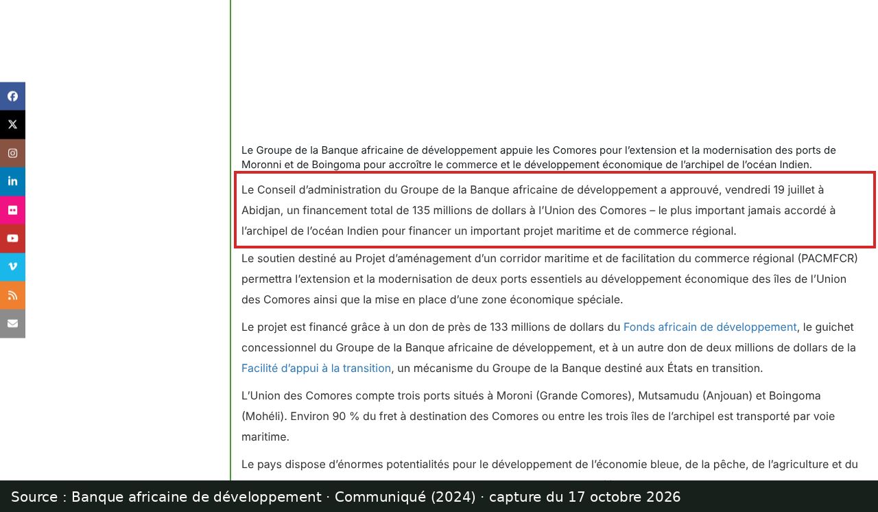 Capture d’écran de le communiqué de la Banque africaine de développement sur les ports des Comores : passage encadré « a approuvé, vendredi 19 juillet à Abidjan, un financement total de 135 millions de dollars à l’Union des Comores »