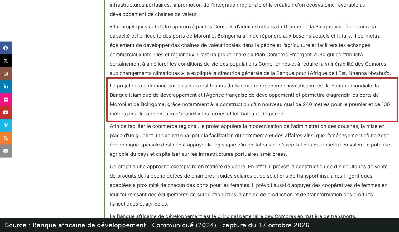 Capture d’écran de le communiqué de la Banque africaine de développement sur les ports des Comores : passage encadré « la construction d’un nouveau quai de 240 mètres pour le premier et de 136 mètres pour le second »