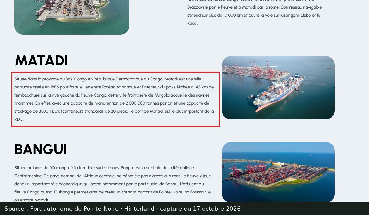 Capture d’écran de la page Hinterland du Port autonome de Pointe-Noire : passage encadré « Nichée à 145 km de l’embouchure sur la rive gauche du fleuve Congo »