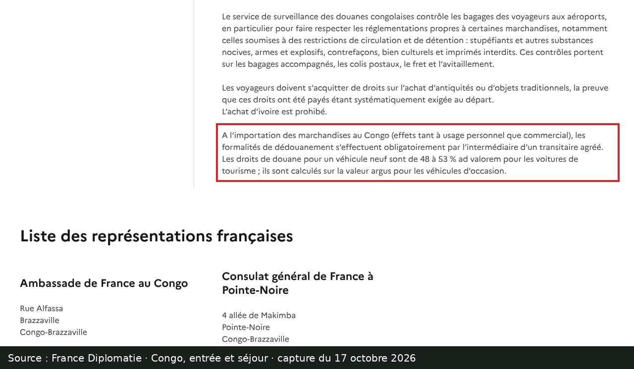 Capture d’écran de la fiche Congo « Entrée et séjour » de France Diplomatie : passage encadré « les formalités de dédouanement s’effectuent obligatoirement par l’intermédiaire d’un transitaire agréé »