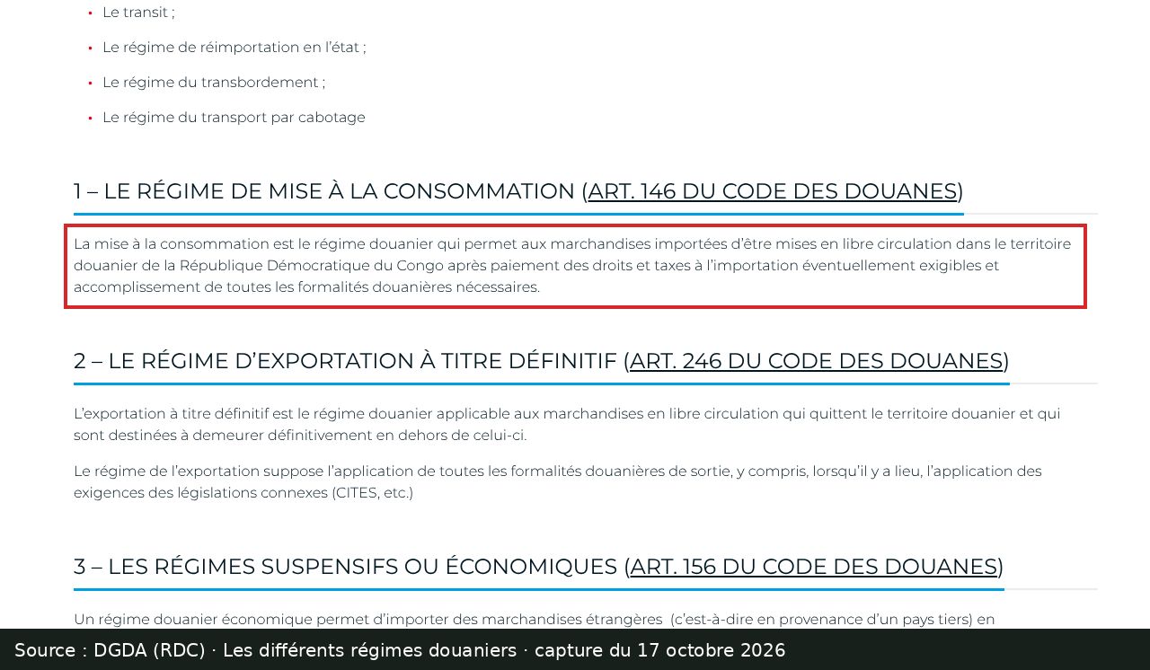 Capture d’écran de la page « Les différents régimes douaniers en RDC » de la DGDA : passage encadré « après paiement des droits et taxes à l’importation éventuellement exigibles et accomplissement de toutes les formalités douanières nécessaires »