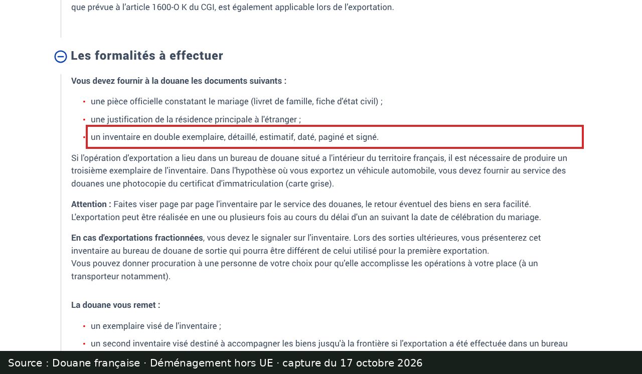 Capture d’écran de la démarche « déménagement hors de l’Union européenne » de la douane française : passage encadré « un inventaire en double exemplaire, détaillé, estimatif, daté, paginé et signé »