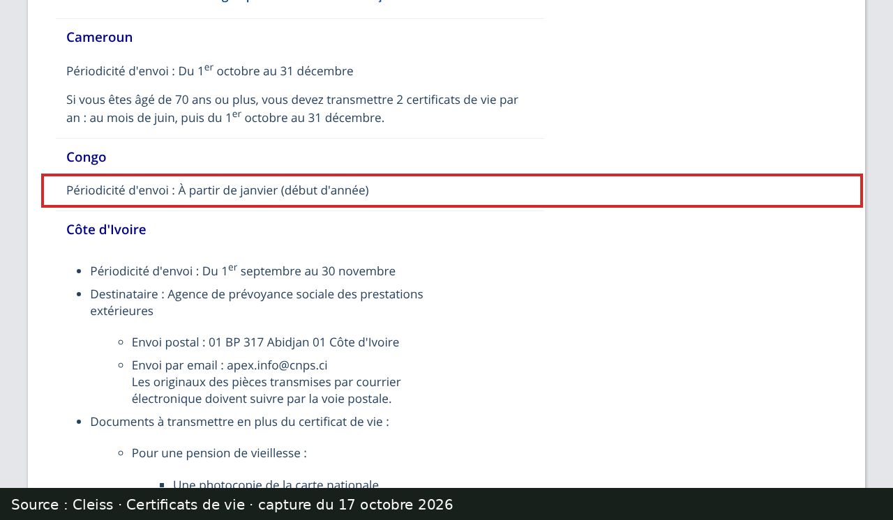 Capture d’écran de la page « Certificats de vie » du Cleiss : passage encadré « Périodicité d'envoi : À partir de janvier (début d'année) »