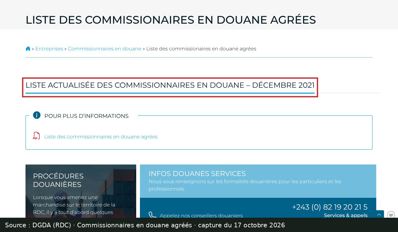 Capture d’écran de la page « Liste des commissionnaires en douane agréés » de la DGDA : passage encadré « Liste actualisée des commissionnaires en douane – décembre 2021 »