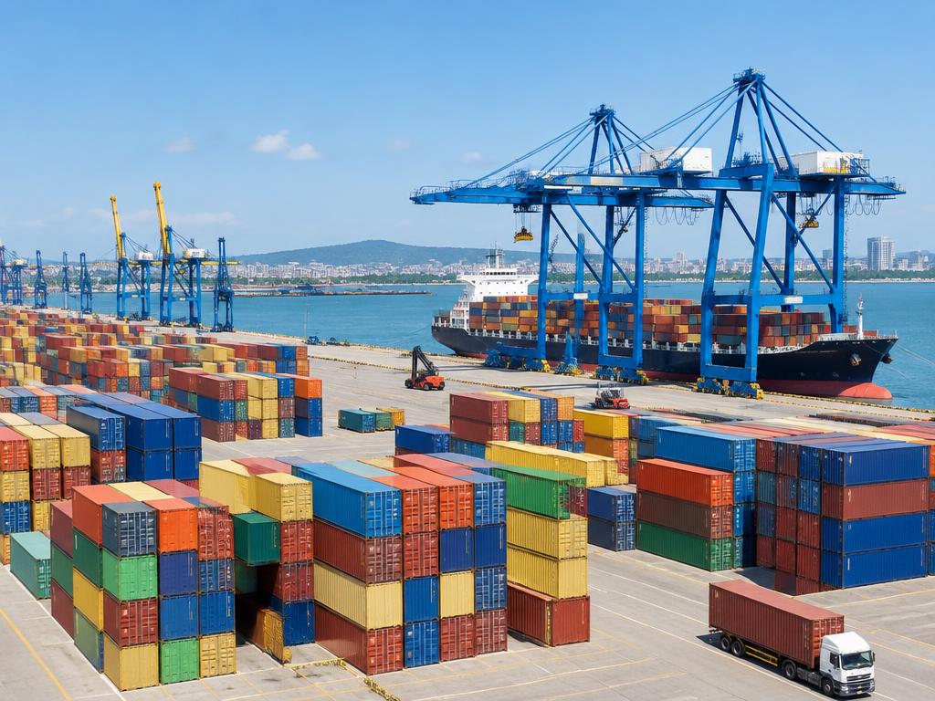 Illustration d’un port de marchandises avec des conteneurs