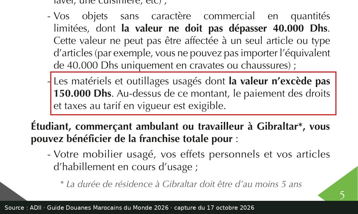 Capture d’écran du guide Douanes Marocains du Monde 2026, page 5 : passage encadré « dont la valeur n’excède pas 150.000 Dhs »