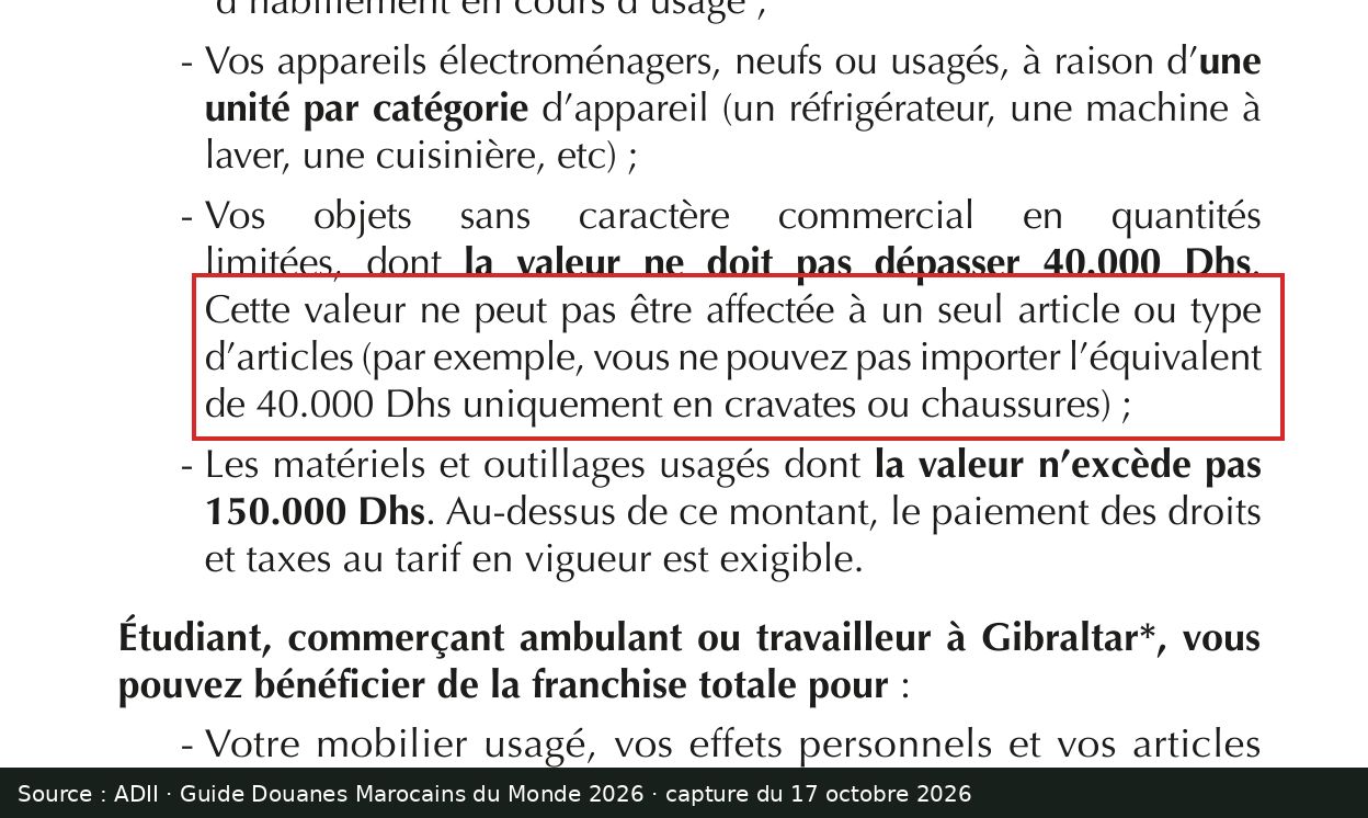 Capture d’écran du guide Douanes Marocains du Monde 2026, page 5 : passage encadré « l’équivalent de 40.000 Dhs uniquement en cravates ou chaussures »
