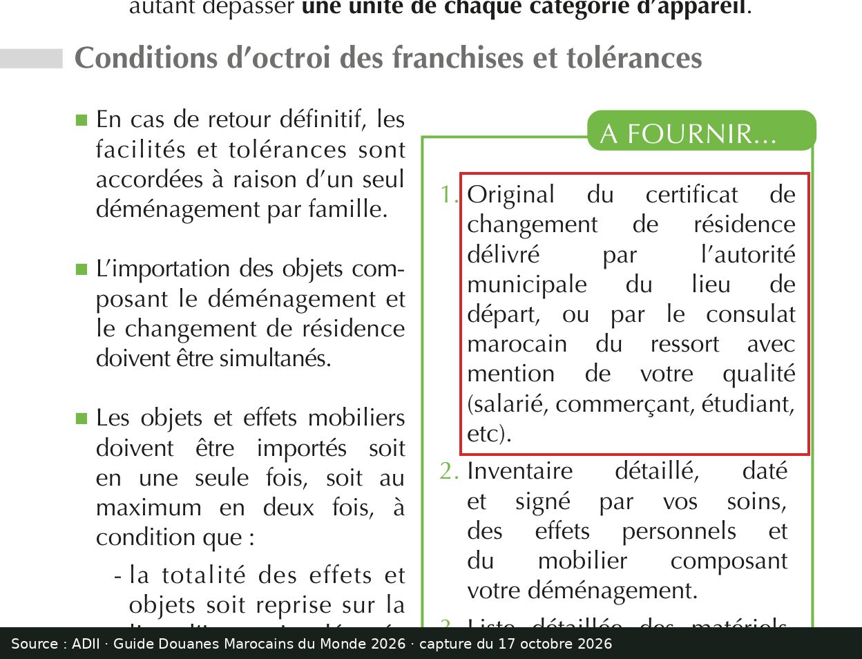 Capture d’écran du guide Douanes Marocains du Monde 2026, page 6 : passage encadré « Original du certificat de changement de résidence »