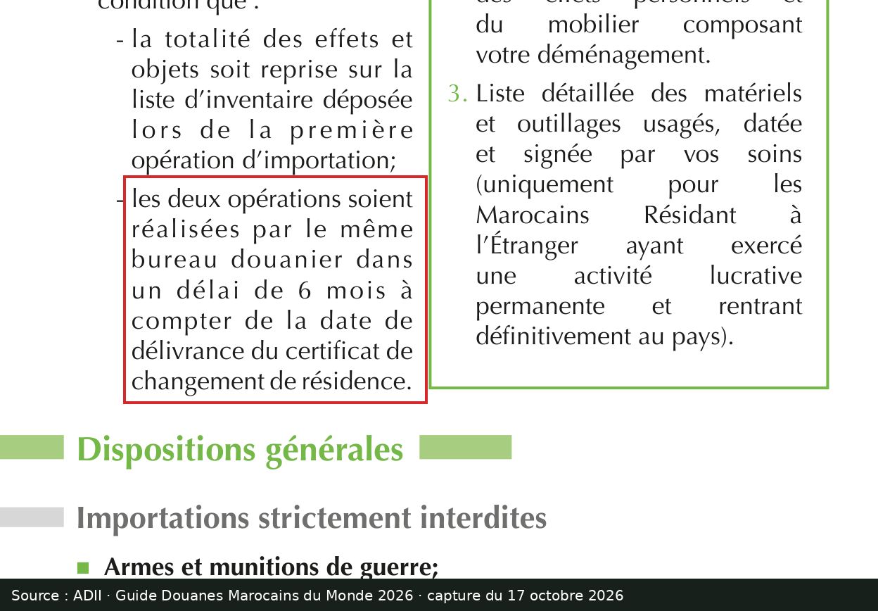 Capture d’écran du guide Douanes Marocains du Monde 2026, page 6 : passage encadré « réalisées par le même bureau douanier dans un délai de 6 mois »
