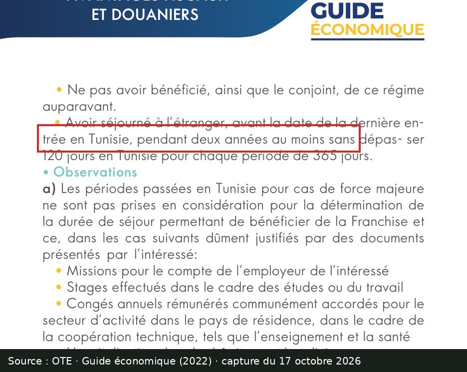 Capture d’écran du guide économique de l’OTE (2022), page 60 : passage encadré « pendant deux années au moins sans dépasser 120 jours »