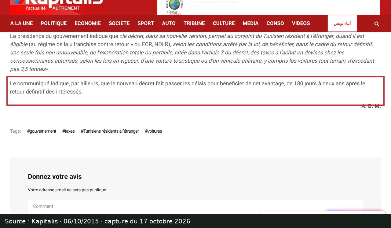 Capture d’écran de l’article de Kapitalis du 6 octobre 2015 : passage encadré « de 180 jours à deux ans après le retour définitif »