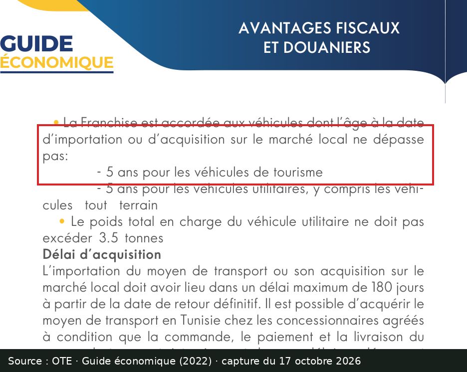 Capture d’écran du guide économique de l’OTE (2022), page 61 : passage encadré « ne dépasse pas : 5 ans pour les véhicules de tourisme »