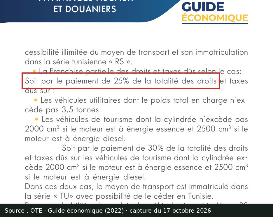 Capture d’écran du guide économique de l’OTE (2022), page 62 : passage encadré « Soit par le paiement de 25% de la totalité des droits »