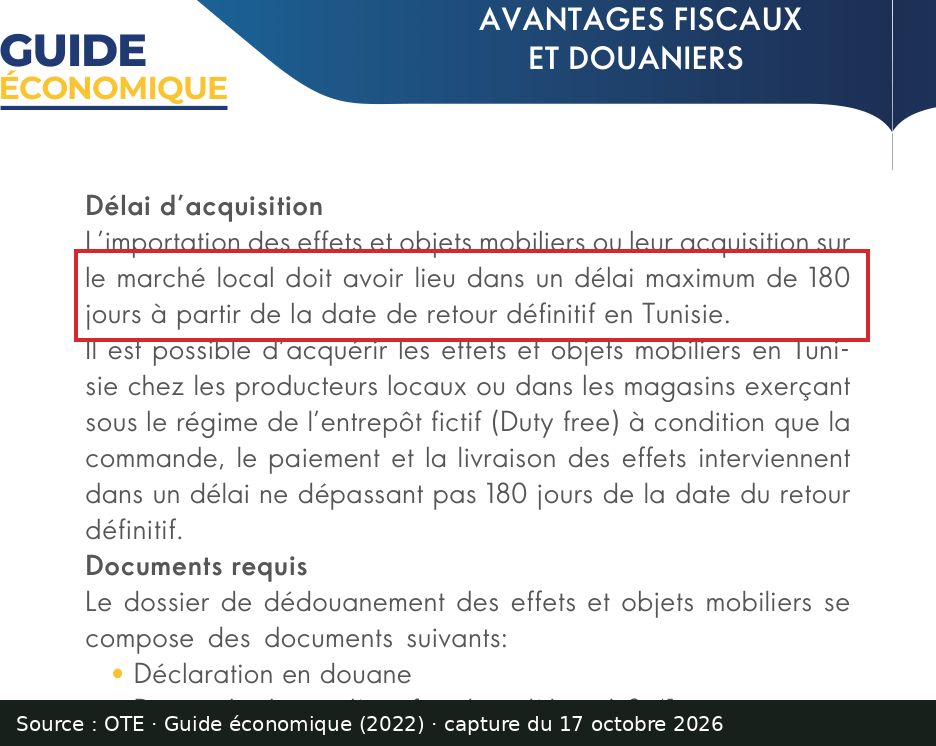Capture d’écran du guide économique de l’OTE (2022), page 60 : passage encadré « dans un délai maximum de 180 jours à partir de la date de retour définitif »