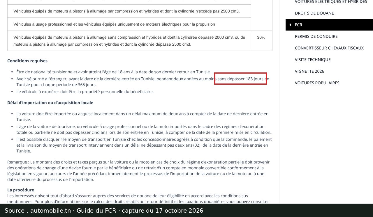 Capture d’écran du guide FCR d’automobile.tn : passage encadré « sans dépasser 183 jours »