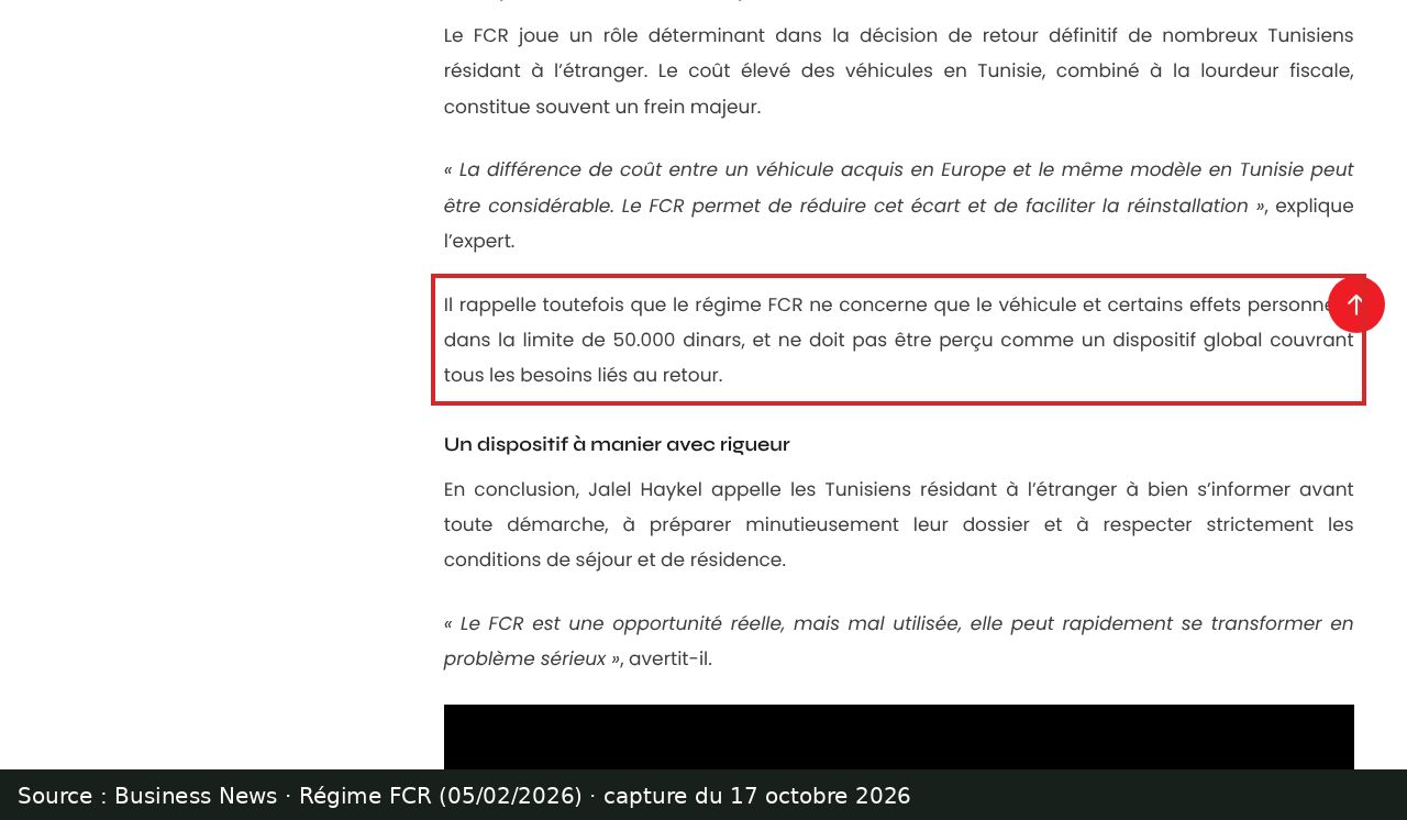 Capture d’écran de l’article de Business News sur le régime FCR : passage encadré « dans la limite de 50.000 dinars »
