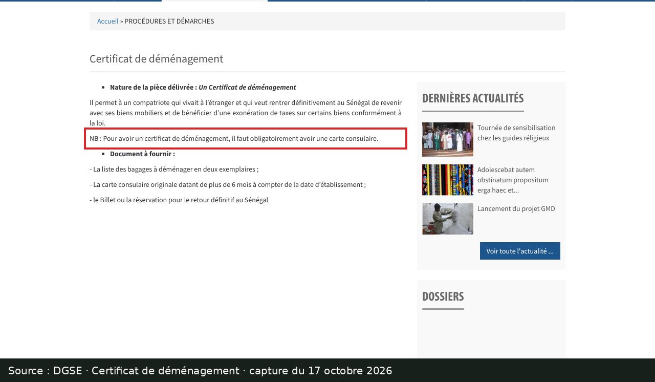 Capture d’écran de la page Certificat de déménagement de la DGSE : passage encadré « il faut obligatoirement avoir une carte consulaire »