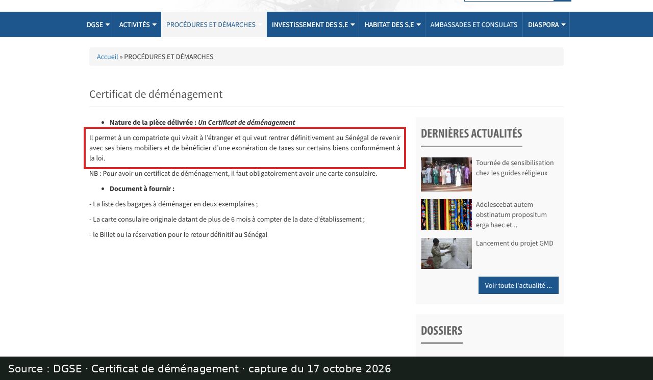 Capture d’écran de la page Certificat de déménagement de la DGSE : passage encadré « Il permet à un compatriote qui vivait à l’étranger… »