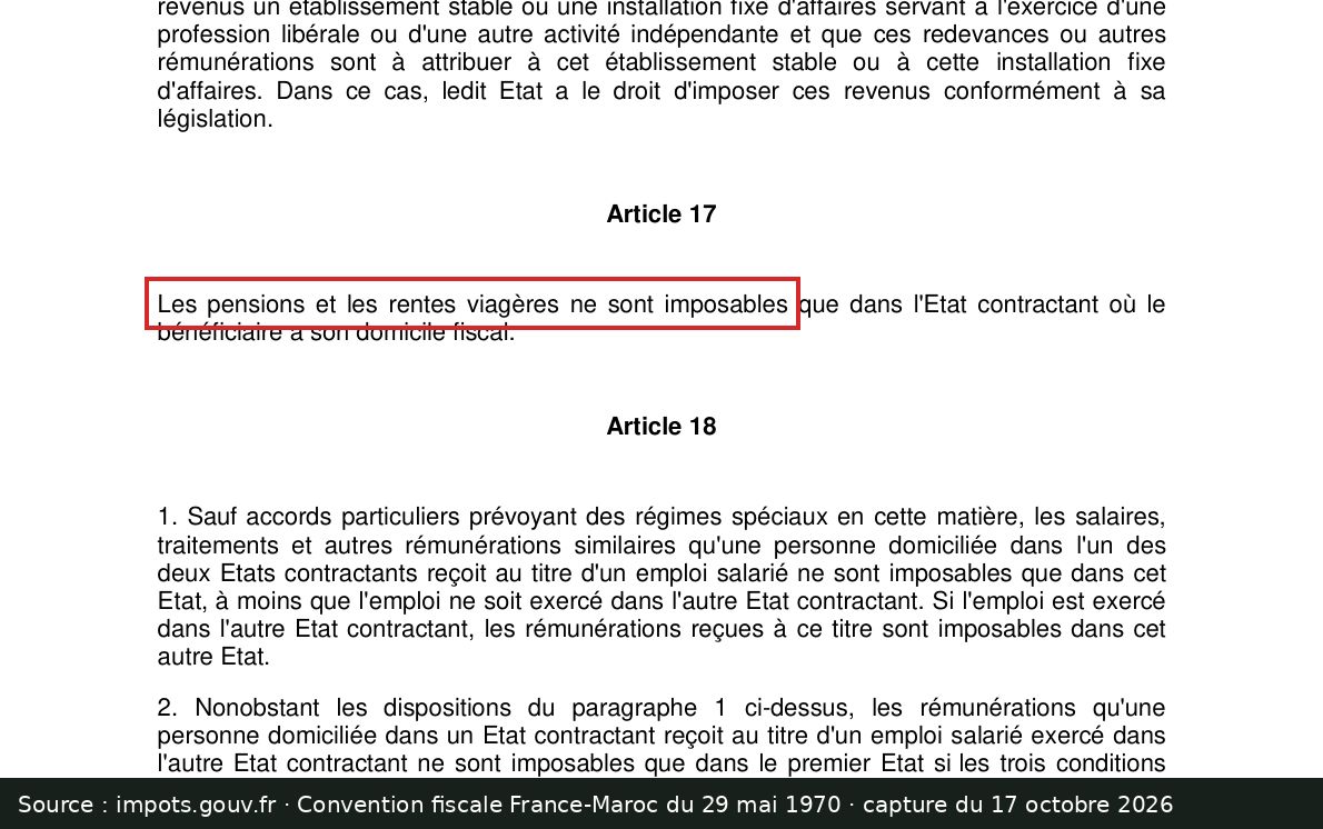 Capture d’écran de la convention fiscale France-Maroc, article 17 : passage encadré « Les pensions et les rentes viagères ne sont imposables »