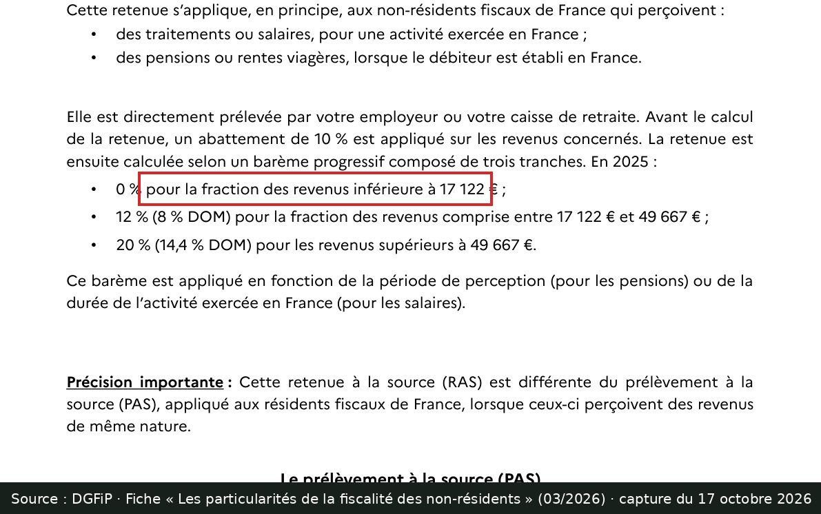 Capture d’écran de la fiche DGFiP sur la fiscalité des non-résidents : passage encadré « 0 % pour la fraction des revenus inférieure à 17 122 € »