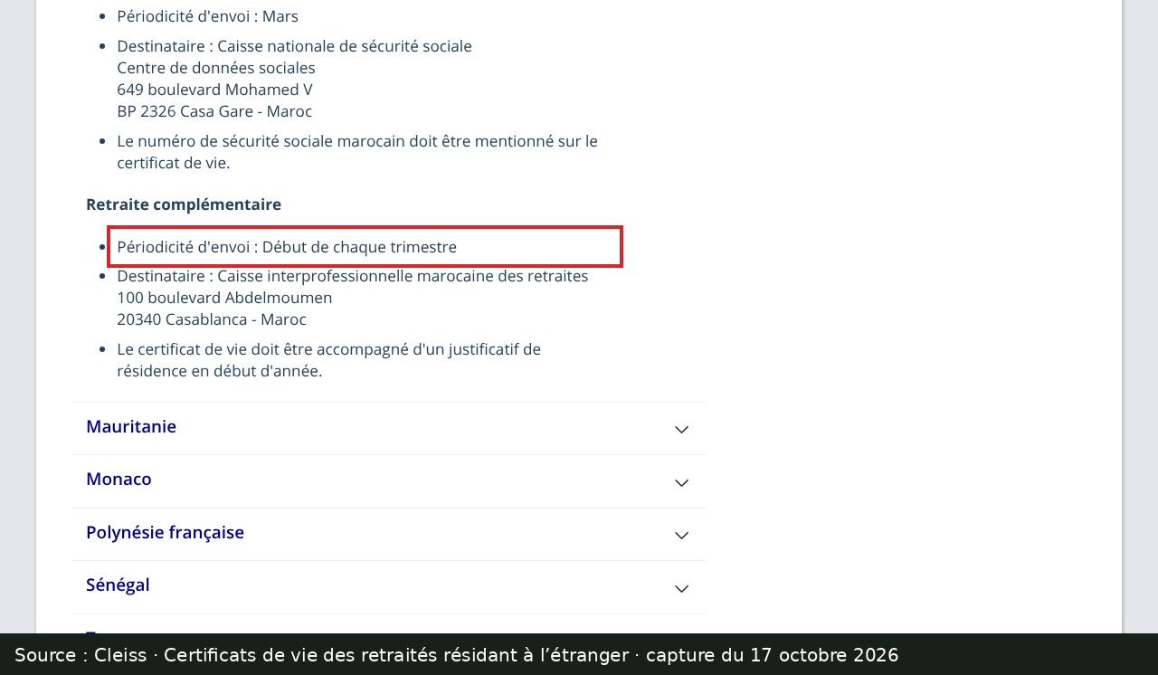Capture d’écran de la page Cleiss sur les certificats de vie (rubrique Maroc) : passage encadré « Périodicité d'envoi : Début de chaque trimestre »