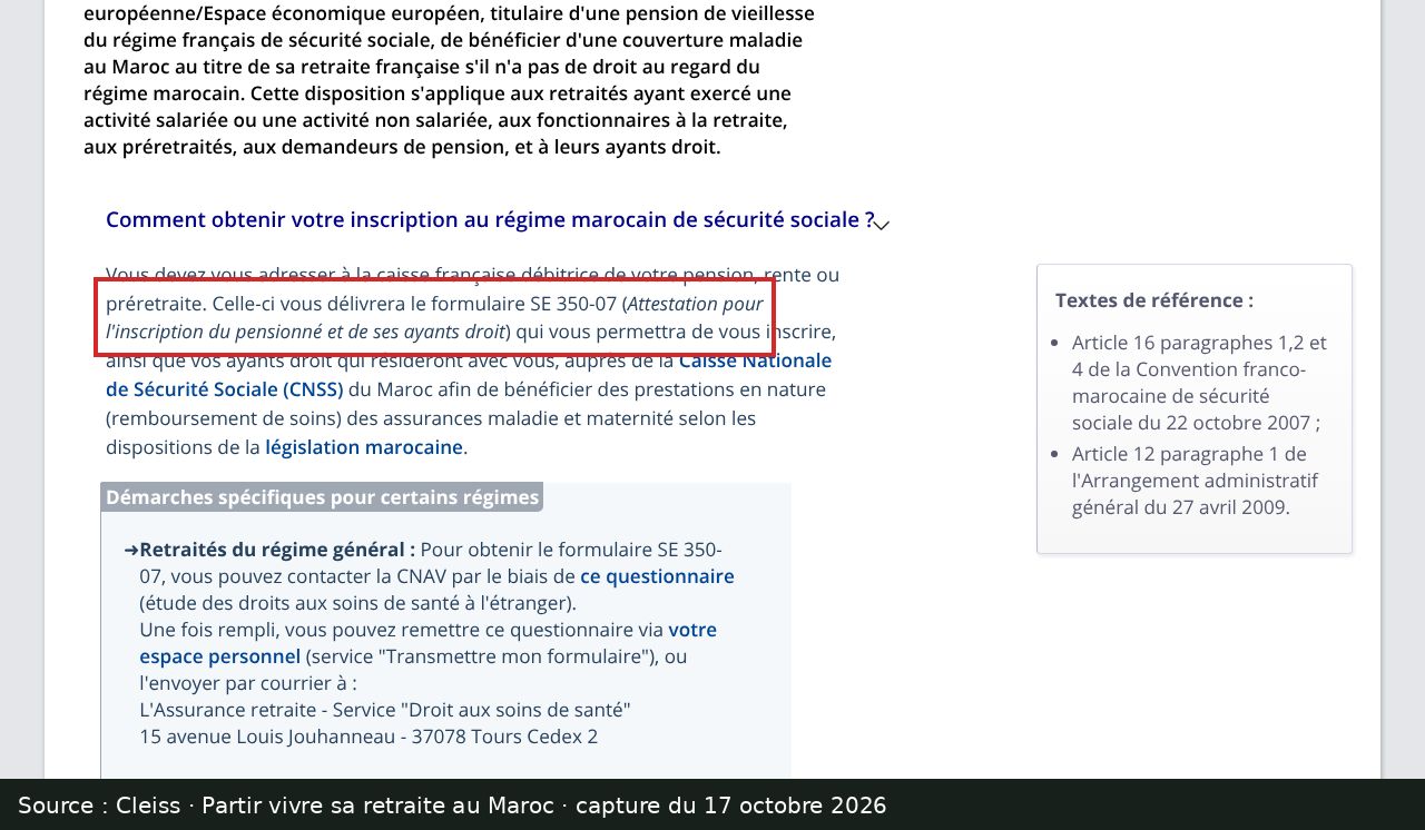 Capture d’écran de la page Cleiss « Vous partez vivre votre retraite au Maroc » : passage encadré « formulaire SE 350-07 (Attestation pour l'inscription du pensionné et de ses ayants droit) »