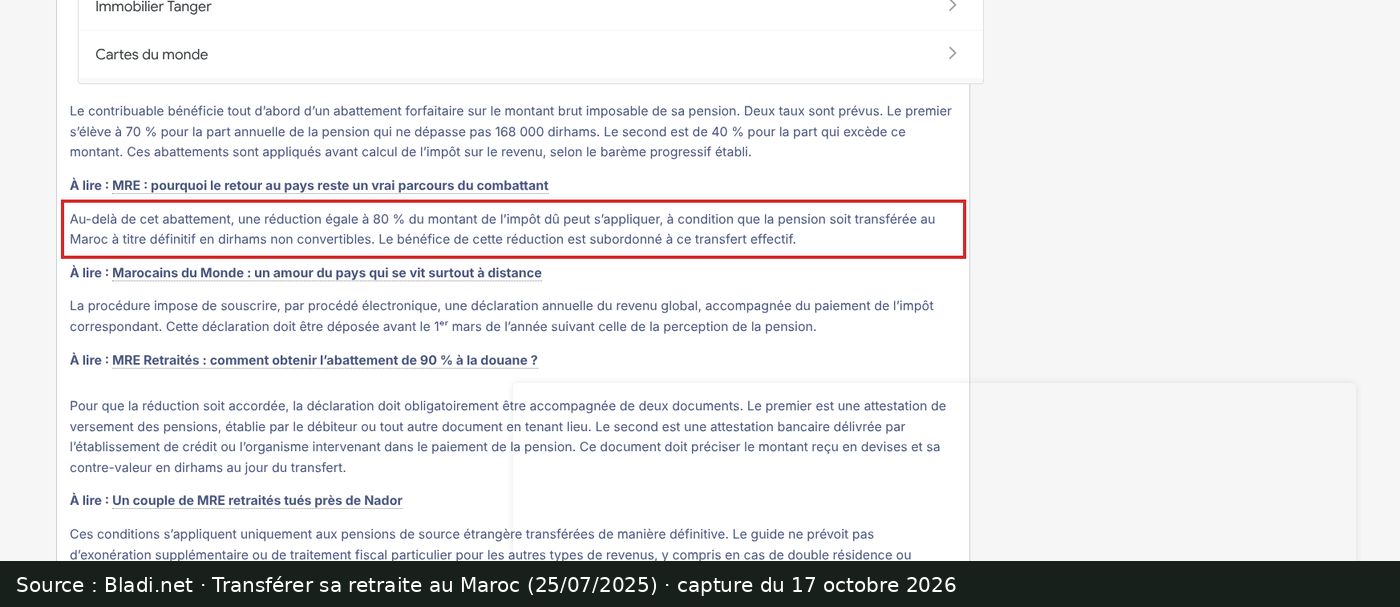 Capture d’écran de l’article de Bladi.net sur la réduction de 80 % : passage encadré « une réduction égale à 80 % du montant de l’impôt dû peut s’appliquer, à condition que la pension soit transférée au Maroc à titre définitif en dirhams non convertibles »