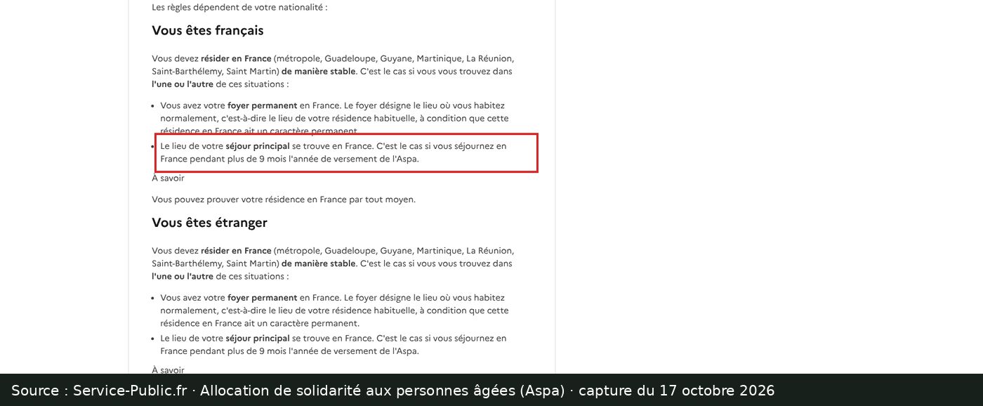 Capture d’écran de la fiche Service-Public.fr sur l’Aspa (condition de résidence) : passage encadré « C'est le cas si vous séjournez en France pendant plus de 9 mois l'année de versement de l'Aspa »