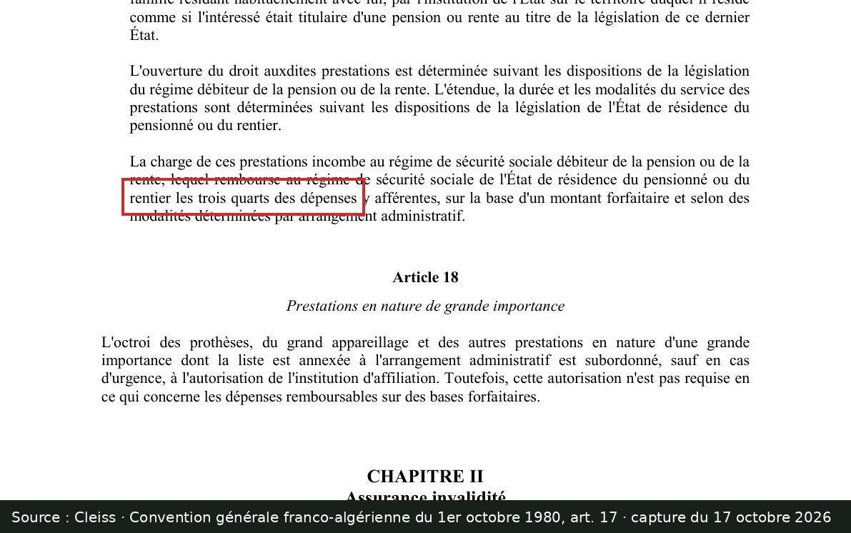 Capture d’écran de l’article 17 de la convention franco-algérienne : passage encadré « rentier les trois quarts des dépenses »