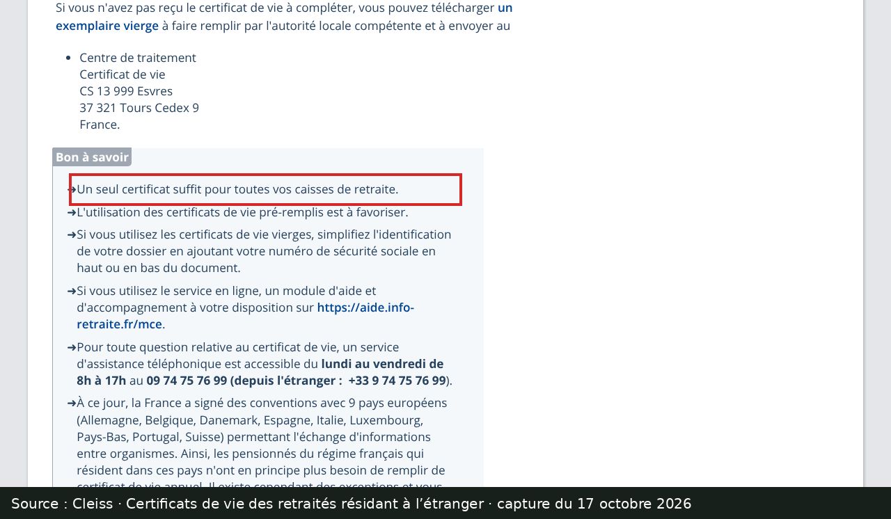Capture d’écran de la page Cleiss sur les certificats de vie : passage encadré « Un seul certificat suffit pour toutes vos caisses de retraite »