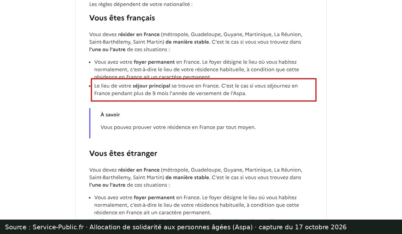 Capture d’écran de la fiche Aspa de Service-Public.fr : passage encadré « pendant plus de 9 mois l'année de versement de l'Aspa »
