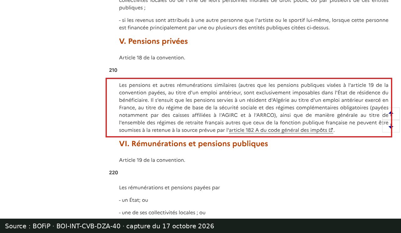 Capture d’écran du BOFiP BOI-INT-CVB-DZA-40 : paragraphe 210 encadré sur les pensions privées