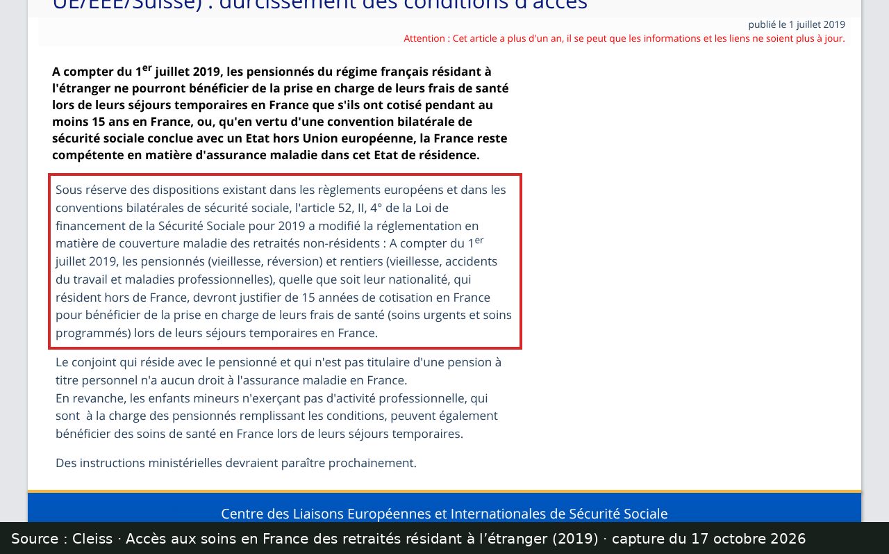 Capture d’écran de l’actualité Cleiss de juillet 2019 : passage encadré « devront justifier de 15 années de cotisation en France »