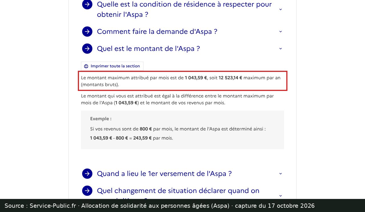 Capture d’écran de la fiche Aspa de Service-Public.fr : passage encadré « Le montant maximum attribué par mois est de 1 043,59 € »