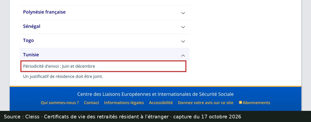 Capture d’écran de la page Cleiss sur les certificats de vie : passage encadré « Périodicité d'envoi : Juin et décembre »