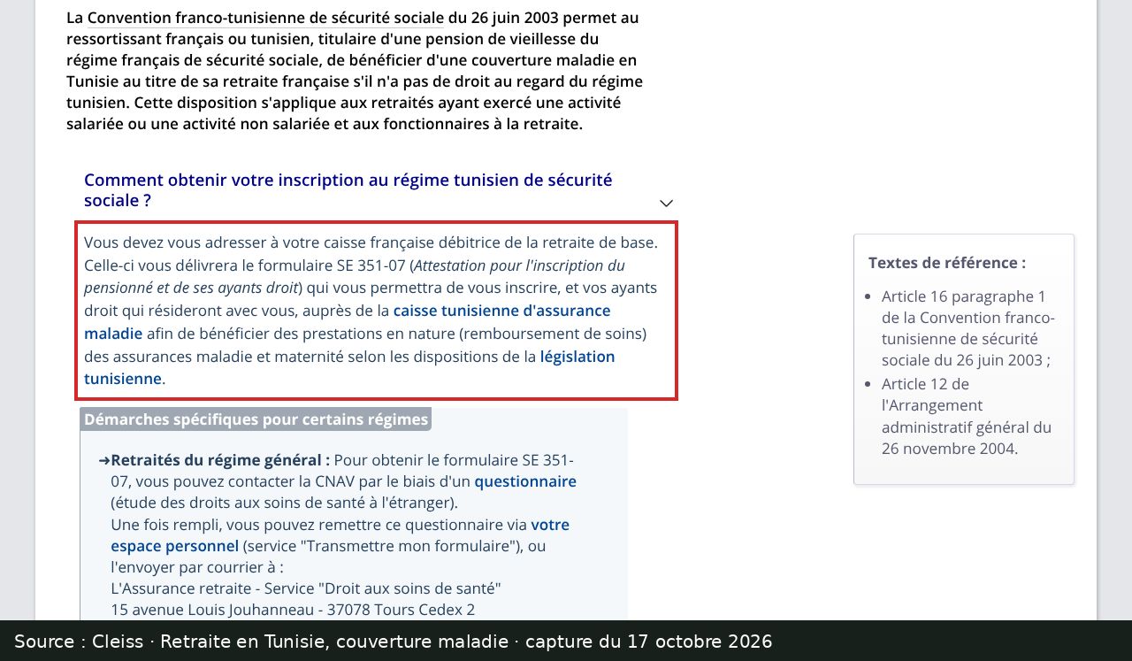 Capture d’écran de la page Cleiss « Vous partez vivre votre retraite en Tunisie » : passage encadré « Celle-ci vous délivrera le formulaire SE 351-07 (Attestation pour l'inscription du pensionné et de ses ayants droit) »