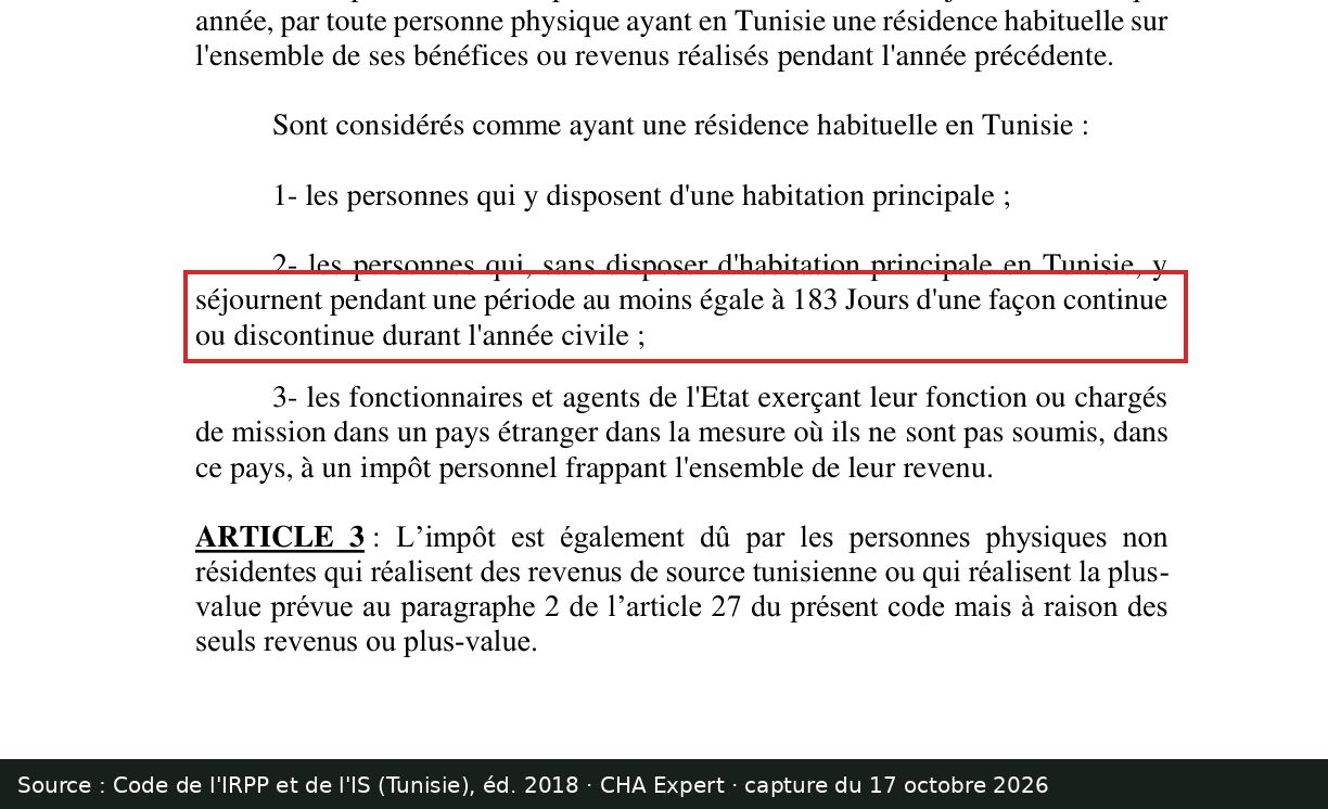 Capture d’écran de le Code de l'IRPP et de l'IS tunisien (article 2) : passage encadré « séjournent pendant une période au moins égale à 183 Jours d'une façon continue ou discontinue durant l'année civile »