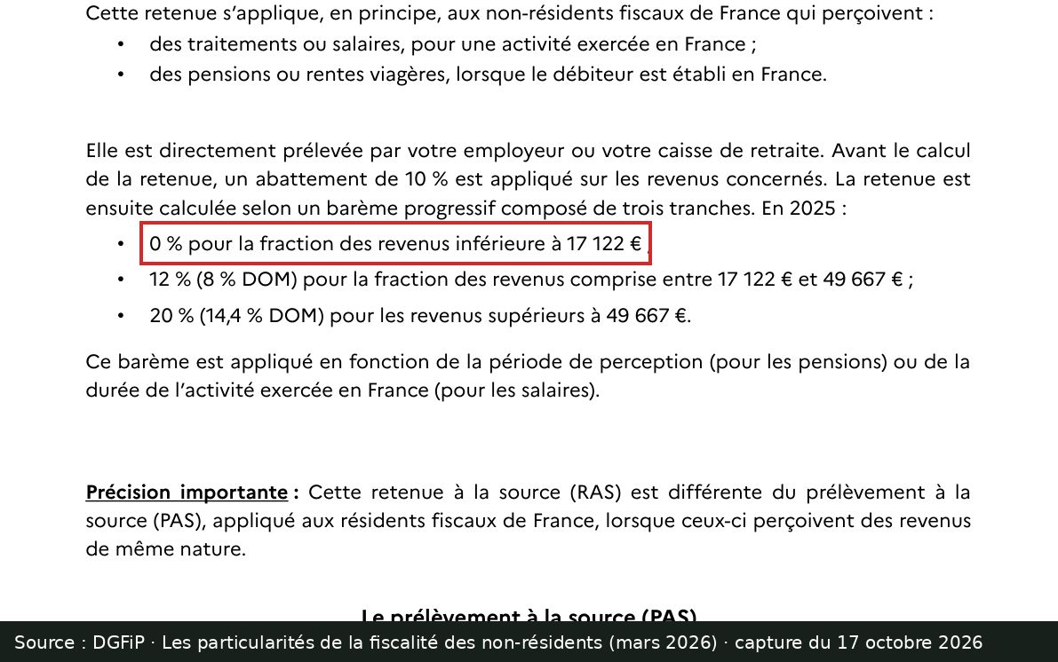 Capture d’écran de la fiche DGFiP sur la fiscalité des non-résidents : passage encadré « 0 % pour la fraction des revenus inférieure à 17 122 € »