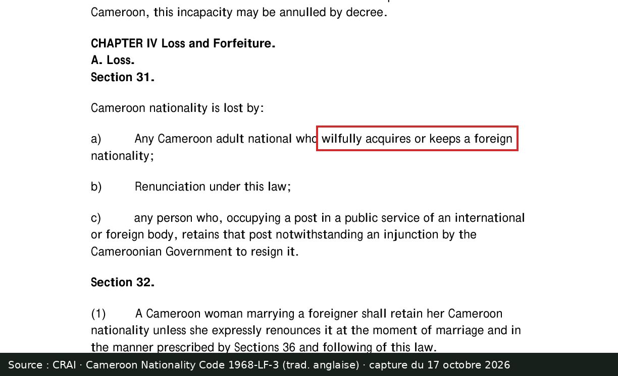 Capture d’écran de la traduction anglaise du code de la nationalité camerounaise de 1968 (section 31) : passage encadré « wilfully acquires or keeps a foreign »