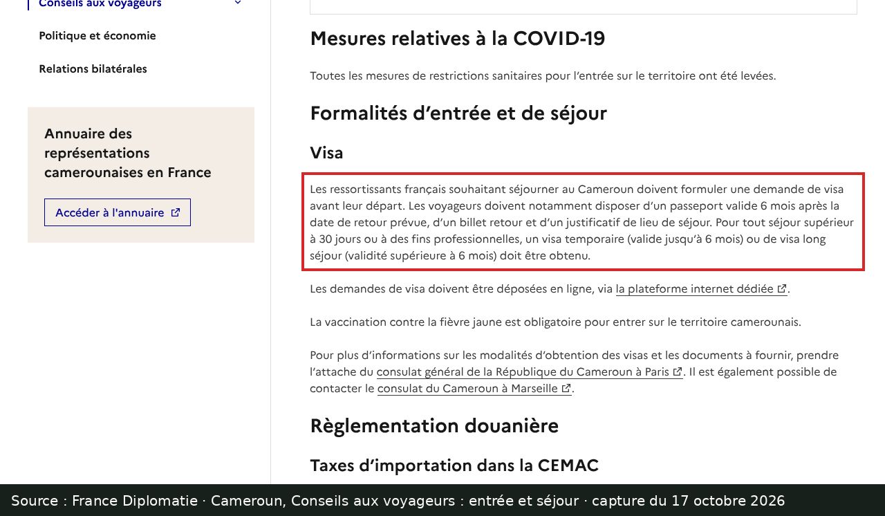 Capture d’écran de la fiche Conseils aux voyageurs Cameroun de France Diplomatie : passage encadré « Les ressortissants français souhaitant séjourner au Cameroun doivent formuler une demande de visa avant leur départ. »