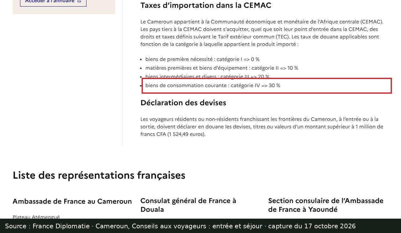 Capture d’écran de la fiche Conseils aux voyageurs Cameroun de France Diplomatie : passage encadré « biens de consommation courante : catégorie IV => 30 % »