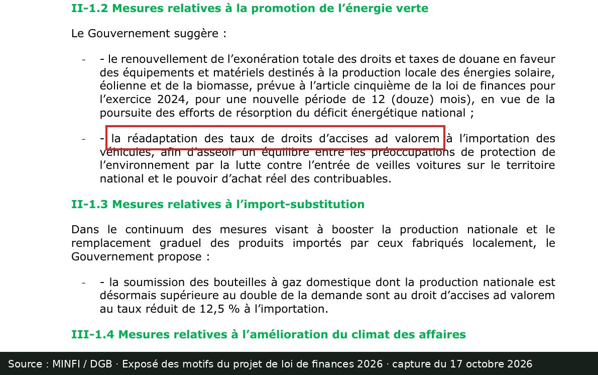 Capture d’écran de l’exposé des motifs du projet de loi de finances 2026 (MINFI / DGB) : passage encadré « la réadaptation des taux de droits d’accises ad valorem »
