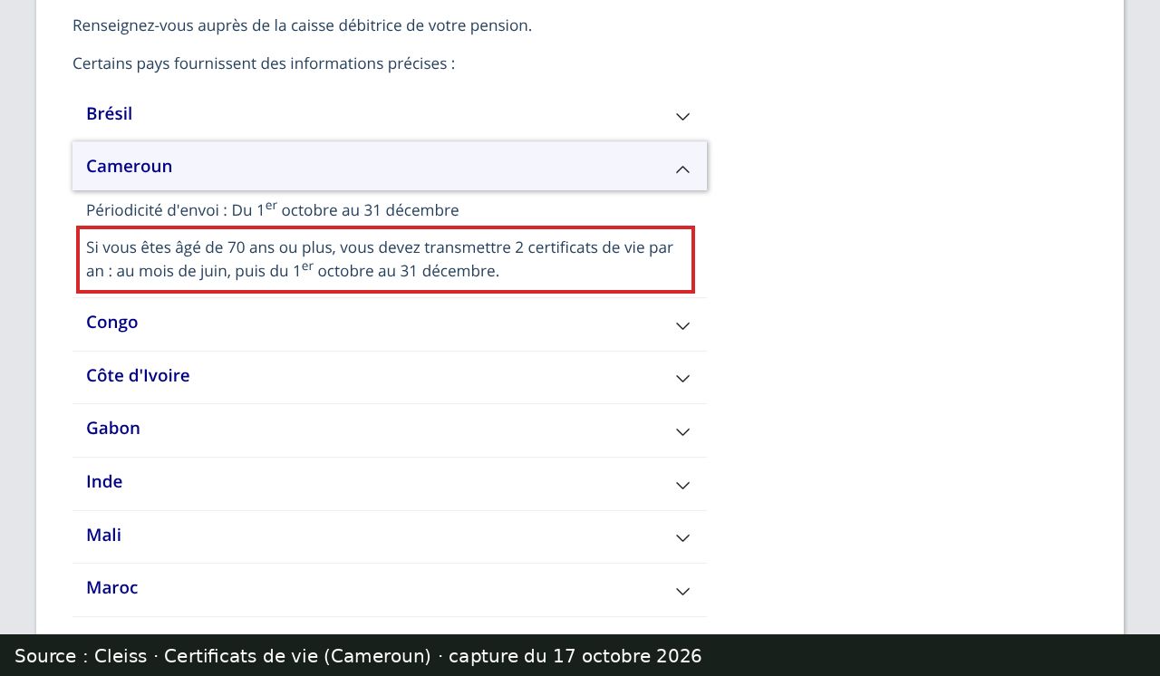 Capture d’écran de la page Certificats de vie du Cleiss (rubrique Cameroun) : passage encadré « Si vous êtes âgé de 70 ans ou plus, vous devez transmettre 2 certificats de vie par an : au mois de juin, puis du 1er octobre au 31 décembre. »