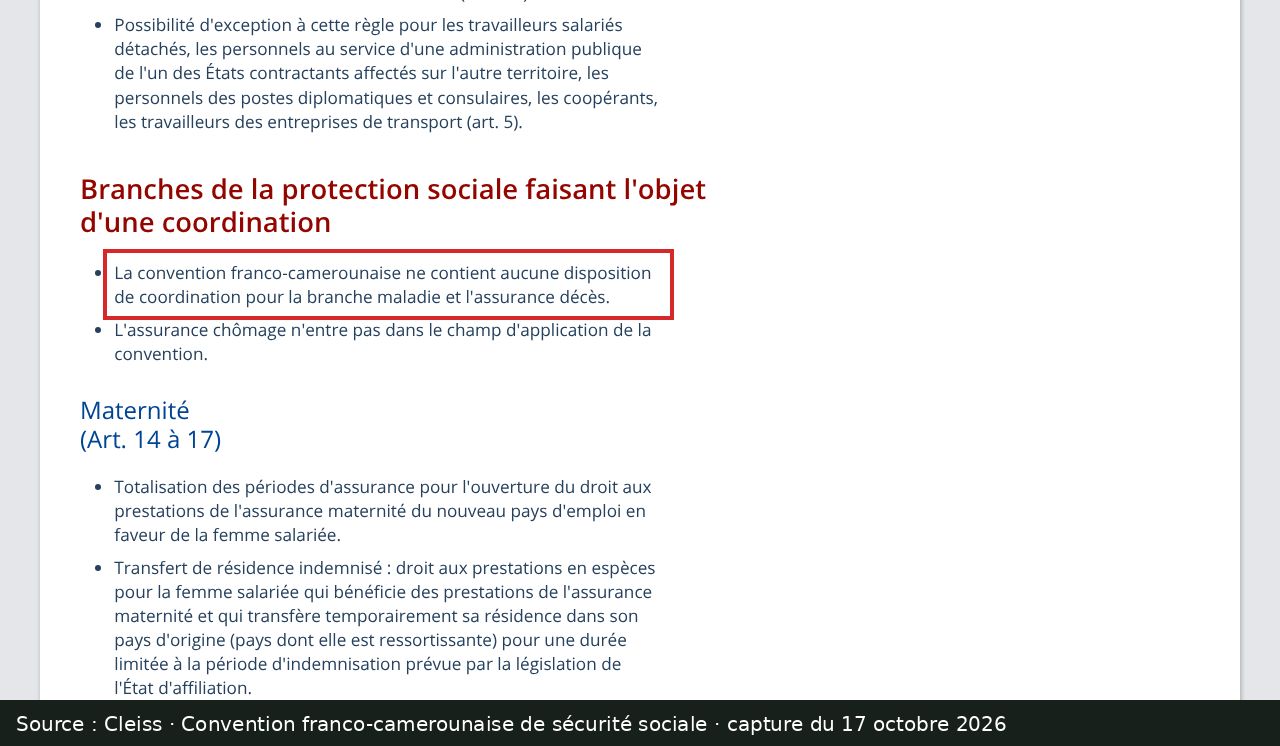 Capture d’écran de la fiche du Cleiss sur la convention franco-camerounaise de sécurité sociale : passage encadré « La convention franco-camerounaise ne contient aucune disposition de coordination pour la branche maladie et l’assurance décès. »