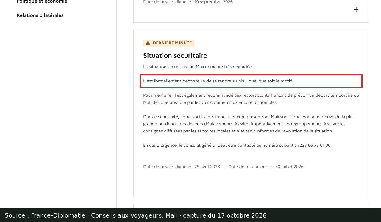 Capture d’écran de la page Conseils aux voyageurs Mali de France-Diplomatie : passage encadré « Il est formellement déconseillé de se rendre au Mali, quel que soit le motif »