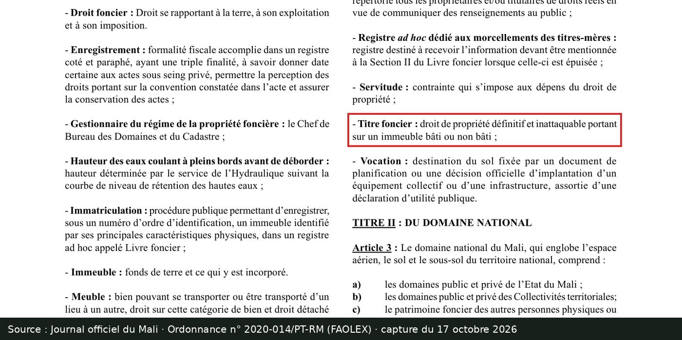 Capture d’écran de l’ordonnance n° 2020-014/PT-RM : définition encadrée « Titre foncier : droit de propriété définitif et inattaquable »