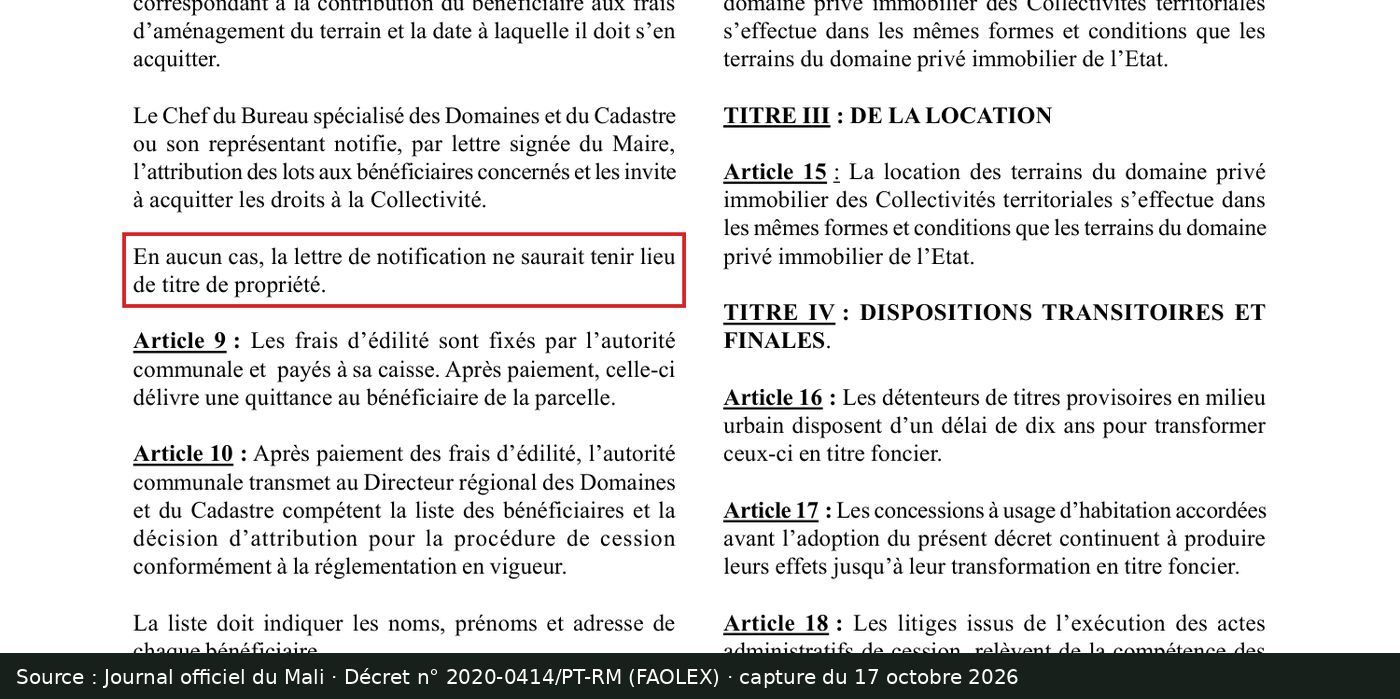 Capture d’écran du décret n° 2020-0414/PT-RM : passage encadré « En aucun cas, la lettre de notification ne saurait tenir lieu de titre de propriété »