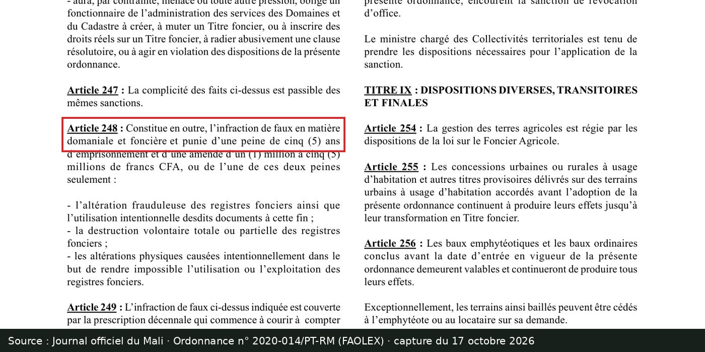 Capture d’écran de l’ordonnance n° 2020-014/PT-RM : article 248 encadré, « faux en matière domaniale et foncière et punie d’une peine de cinq (5) ans »