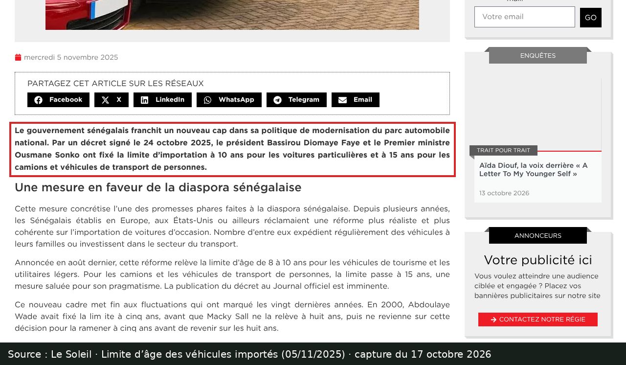 Capture d’écran de l’article du Soleil sur la limite d’âge des véhicules importés : passage encadré « Par un décret signé le 24 octobre 2025, le président Bassirou Diomaye Faye et le Premier ministre Ousmane Sonko ont fixé la limite d’importation à 10 ans pour les voitures particulières et à 15 ans pour les camions et véhicules de transport de personnes. »